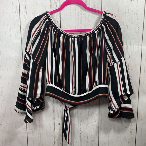 Guess Striped Off The Shoulder Bell Sleeve Blouse - Picture 16 of 16